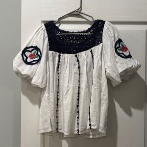 White and Navy Embroidered Cleobella top